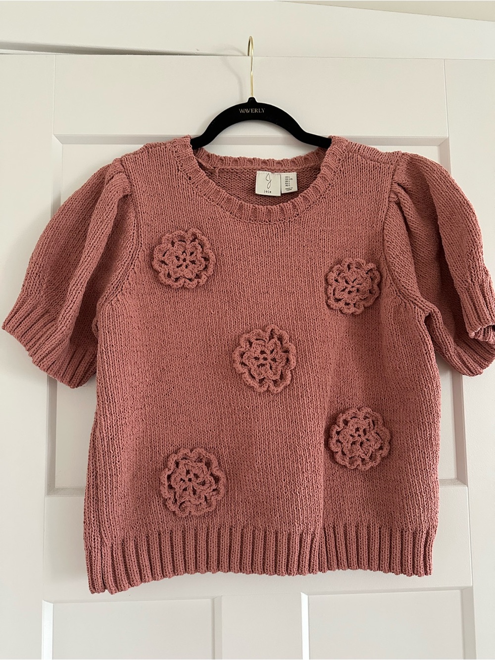 Joie Dusty Rose Knit Short-Sleeve Sweater with Crochet Flowers